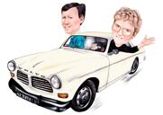 Юбилейная карикатура на пару в автомобиле и пользовательском фоне