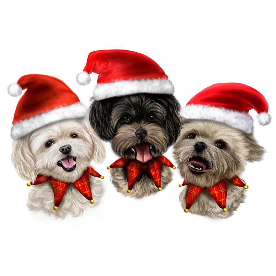 Barevný kreslený portrét skupinových vánočních psů z fotografií.......