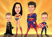 Kahe lapsega superkangelaste perekond fotodelt tehtud karikatuur salapärase öötaustaga