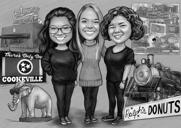 Caricatură de grup fericită în stil alb-negru cu fundal personalizat din fotografii