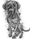 Fuldkrop sort bly stor dansker hund tegneserie tegning fra foto i akvarel stil