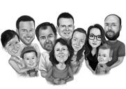 Regalo de retrato de dibujos animados de celebración conmemorativa de la vida de grupo familiar personalizado en estilo blanco y negro