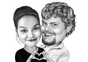 Caricatura de pareja mostrando la mano y el corazón en estilo blanco y negro