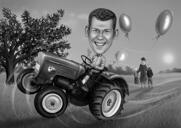 Caricature de fermier noir et blanc - homme sur tracteur avec fond personnalisé à partir de la photo