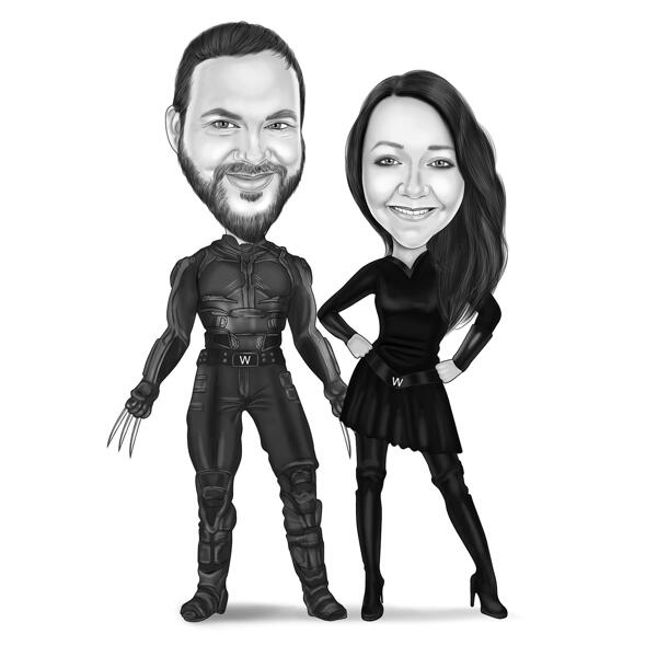 Disegno di caricatura di supereroe in stile bianco e nero