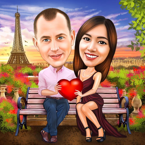 Caricatura de una pareja sentada en un banco en París