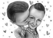 Sărut romantic pe obraz Cuplu desen în stil alb-negru