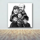 Печать на холсте: Семья с домашним животным Мультфильм из фотографий, нарисованных вручную в черно-белом стиле