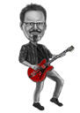 Gitarrenspieler-Karikatur im Schwarz-Weiß-Stil von Fotos