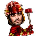Caricatură exagerată de pompier cu toporul