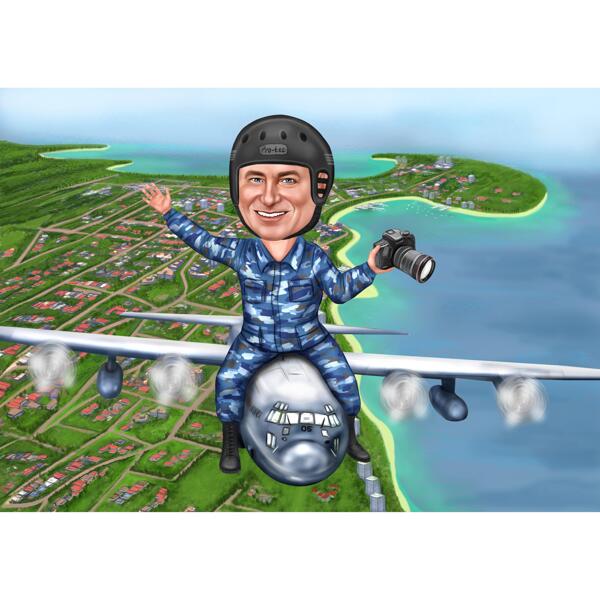 Pilote de l'armée de l'air assis sur un dessin animé d'avion