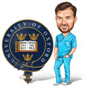 Izlaiduma karikatūra ar lielo universitātes logotipu