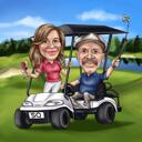 Caricatura de casal em carrinho de golfe