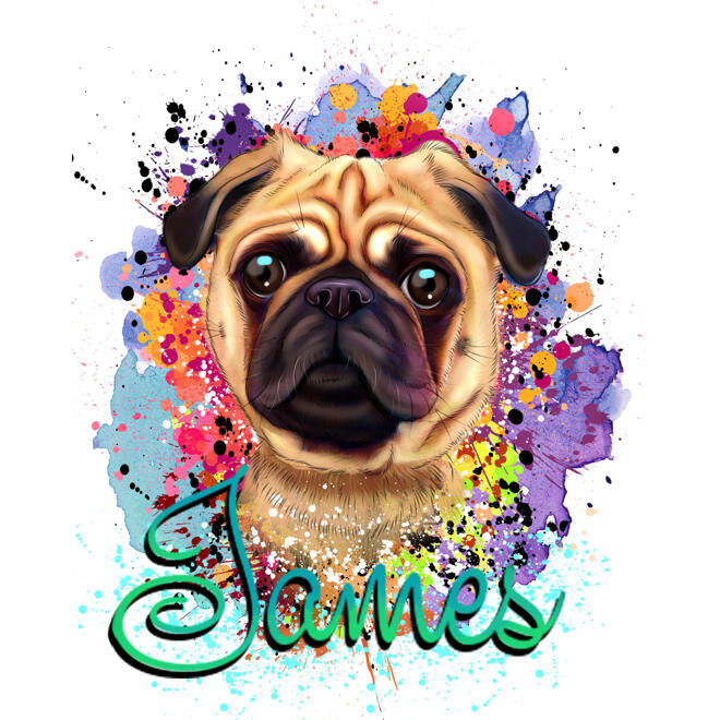 Özel Pet Lovers Hediyesi için Suluboya Stilinde İsimli Büyüleyici Pug Portresi