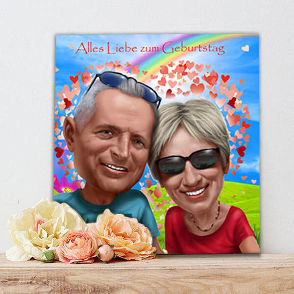 Divertida caricatura de regalo de pareja con fondo personalizado sobre lienzo.