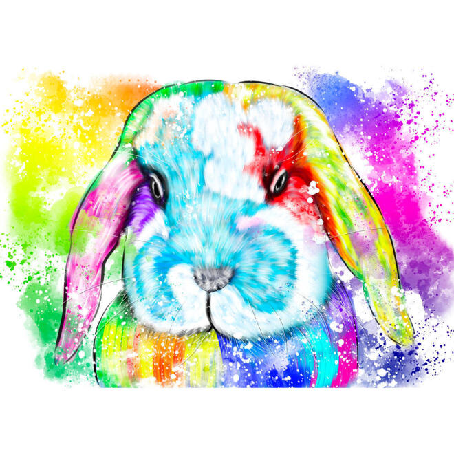 Helder konijnenportret met kleurrijke achtergrond in aquarelstijl