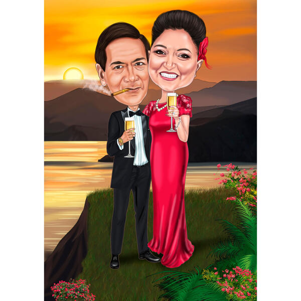 Regalo personalizzato per la caricatura dell'anniversario di matrimonio con sfondo personalizzato