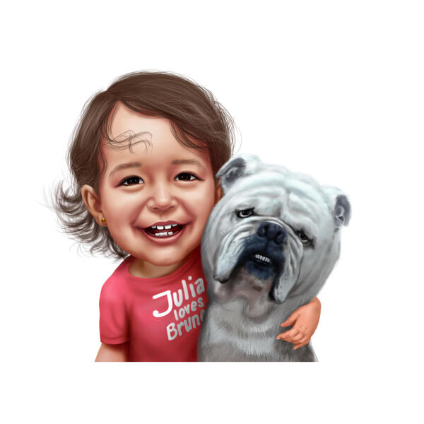 Lapsi bulldogin värillisellä karikatyyripiirroksella valokuvista