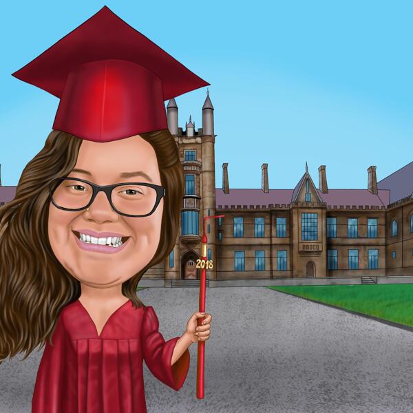 Cartoon zum Universitätsabschluss im roten Kleid