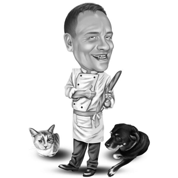 Melnbalts īpašnieks ar mājdzīvnieku karikatūru no fotoattēliem