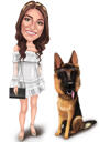 Owner with Dog - Caricatura de corpo inteiro em estilo de cores a partir das fotos