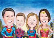 Gruppen-Superhelden-Karikaturzeichnung aus Fotos mit Stadthintergrund
