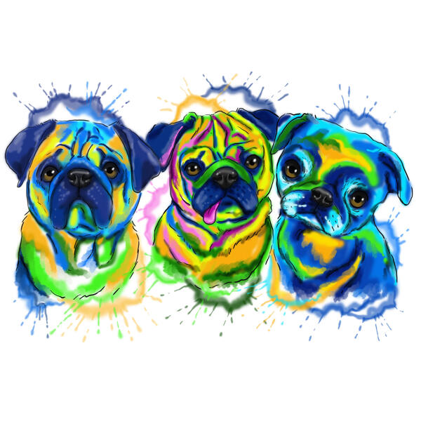 Pugs akvarel gruppe portræt