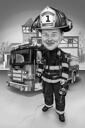 Brandweerman cartoon in zwart-wit