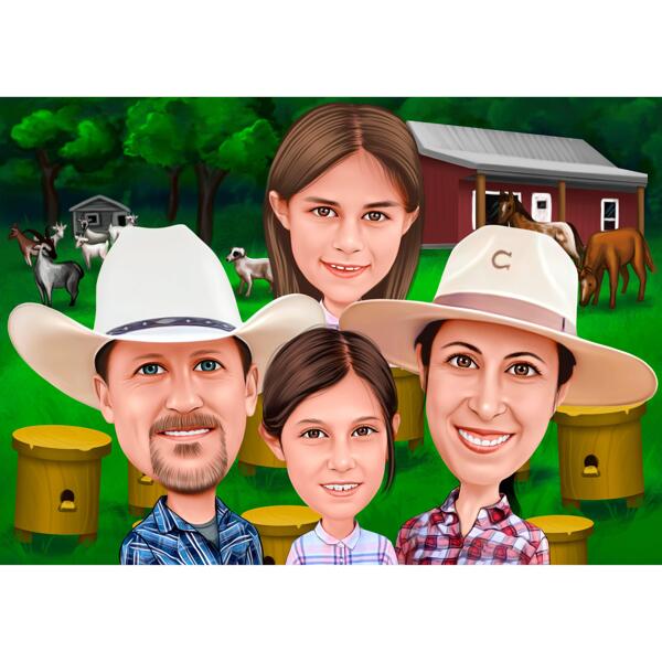Lauksaimnieku ģimenes karikatūra, kas zīmēta ar roku krāsu stilā no fotoattēliem