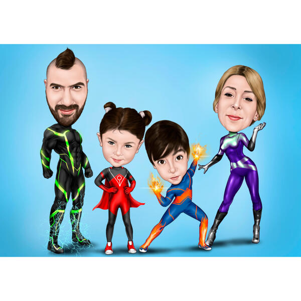 Familien-Superhelden-kundenspezifische Karikatur von Fotos mit einem farbigen Hintergrund