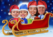 Familiekarikatuur in de slee van de Kerstman met rendieren