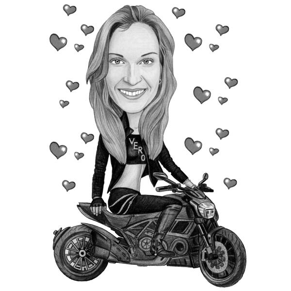 Desenho animado de menina andando de motocicleta com fotos