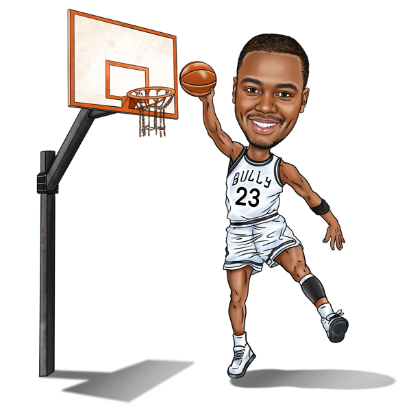 Joueur de basket-ball complet avec caricature de panier