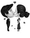 Melnbalta skūpstoša pāra karikatūra ar pielāgotu fonu no fotoattēliem