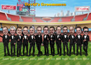 Dibujo de caricatura de padrinos de boda con fondo de puente