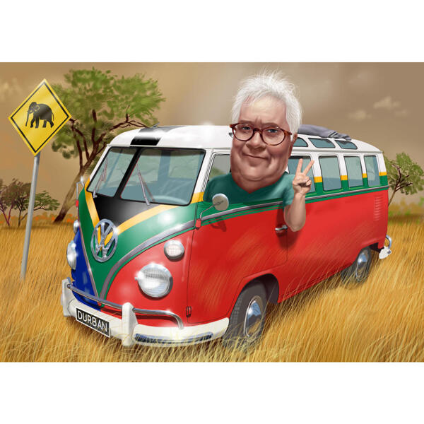 Mukautettu linja-autonkuljettajan karikatyyrilahja taustalla värillisistä valokuvista