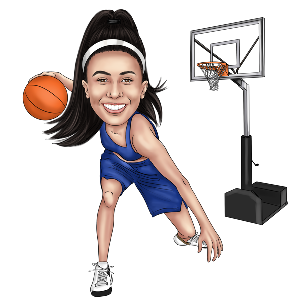 Caricatura de jugadora de baloncesto en el momento del juego