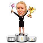 Persona ganadora de oro con caricatura de trofeo en estilo digital en color de fotos