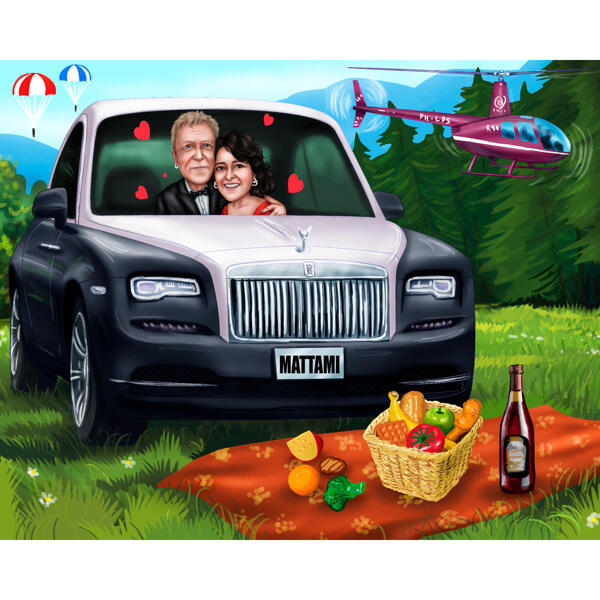 Карикатура пары на пикнике нарисованная с фотографии для подарка