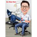 Caricatura de dentista sentado en una silla con fondo de oficina