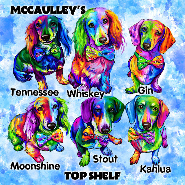 Portret de caricatură în stil acuarelă de câini de rase mixte din fotografii pe fundal albastru