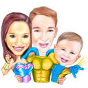 Family Caricature with Random Superhero Costumes in Colored Style