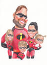 Caricatura di gruppo esagerata di supereroi in stile a colori dalle foto