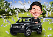Caricature d'une personne dans une Mercedes comme cadeau personnalisé