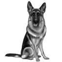 Schæferhund tegneserieportræt i sort og hvid stil fra foto