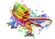 Akvarelu Iguana portrét ručně kreslenou z fotografií v duhovém stylu
