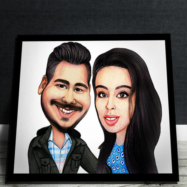 Caricatura de duas pessoas apaixonadas em fotos como presente personalizado em pôster