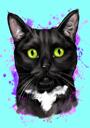 Černá a bílá kočka kreslený portrét s tyrkysovým pozadím ve stylu akvarelu