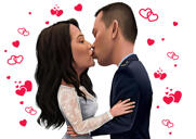 Kiss Me - Couple Colored Caricature with Hearts and Butterflies Background