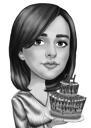 Man with Cake Birthday Caricature Gift in Monochrome Style